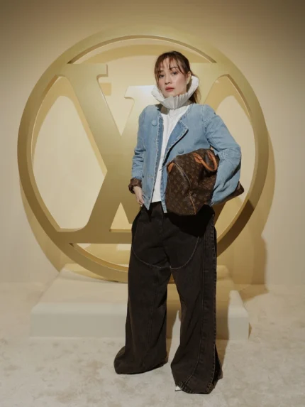 Collarless Denim Jacket & Panelled Wide-Leg Jeans Set Ruff Collar