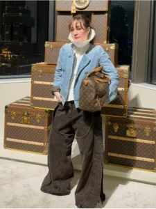Collarless Denim Jacket & Panelled Wide-Leg Jeans Set with Ruff Collar