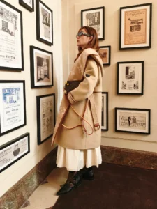 Hooded Camel Wrap Coat & Cream Pleated Midi Skirt Set