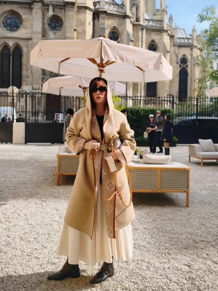 Hooded Camel Wrap Coat & Cream Pleated Midi Skirt Set