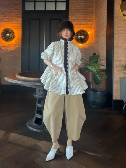 Pinstripe Swing Shirt Jacket & Khaki Balloon Trousers Set